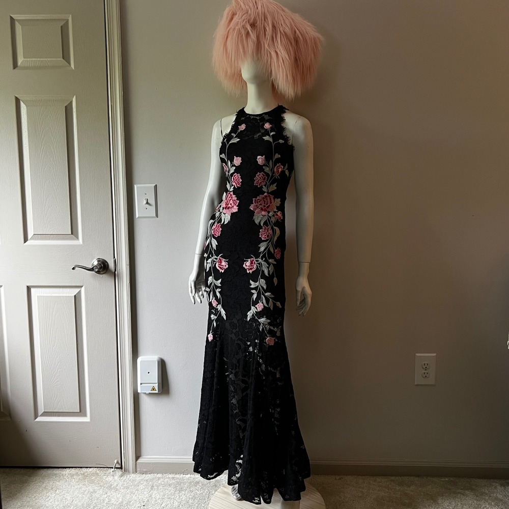 Romantic Goth Black Lace Pink Rose Embroidered Mermaid Maxi Formal Gown Size 6